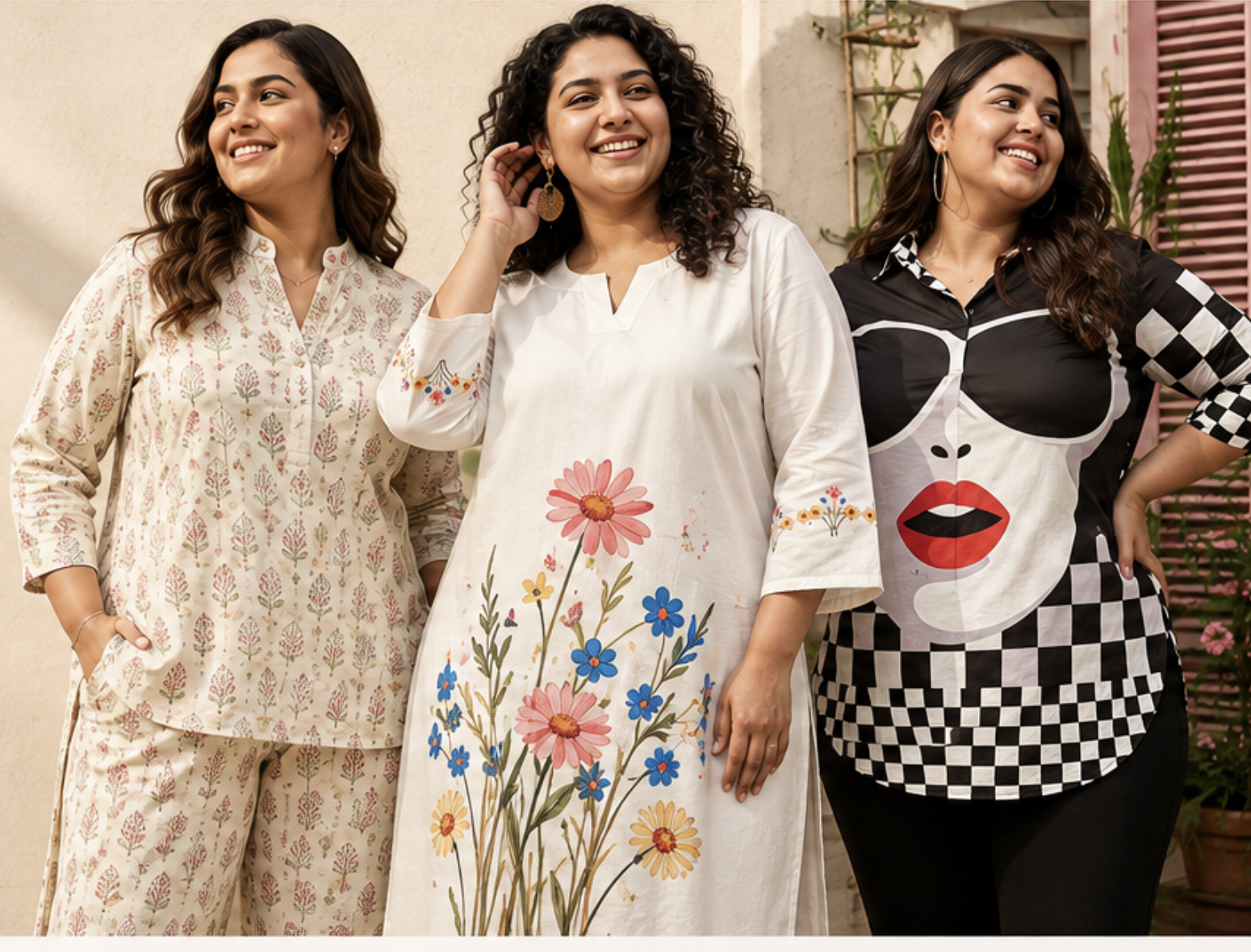 Three plus-size women in fashion looks from the supplied Uniscarf frontend reference